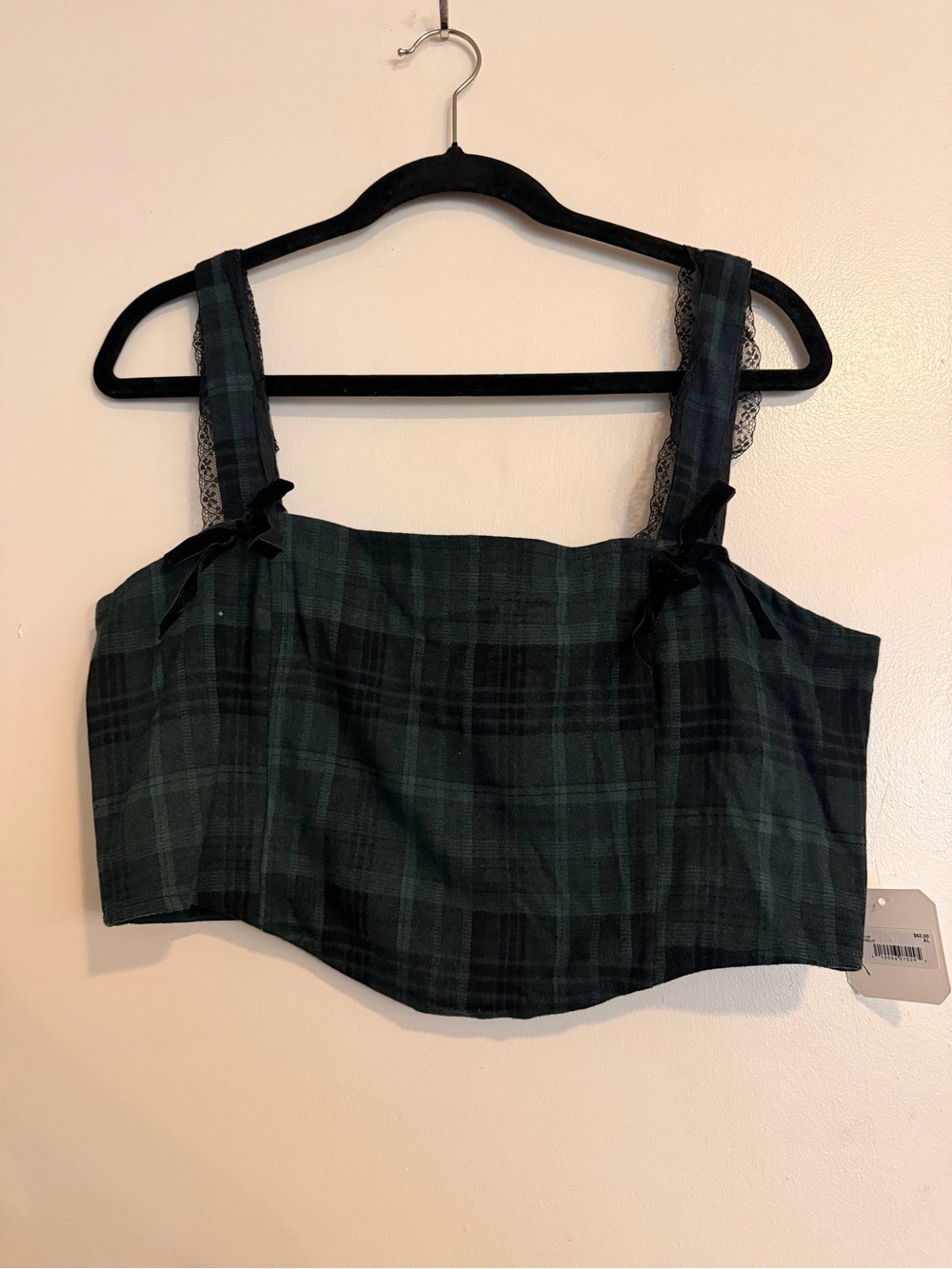 Altar'd State Dark Green Plaid Lace-Trim Crop Top